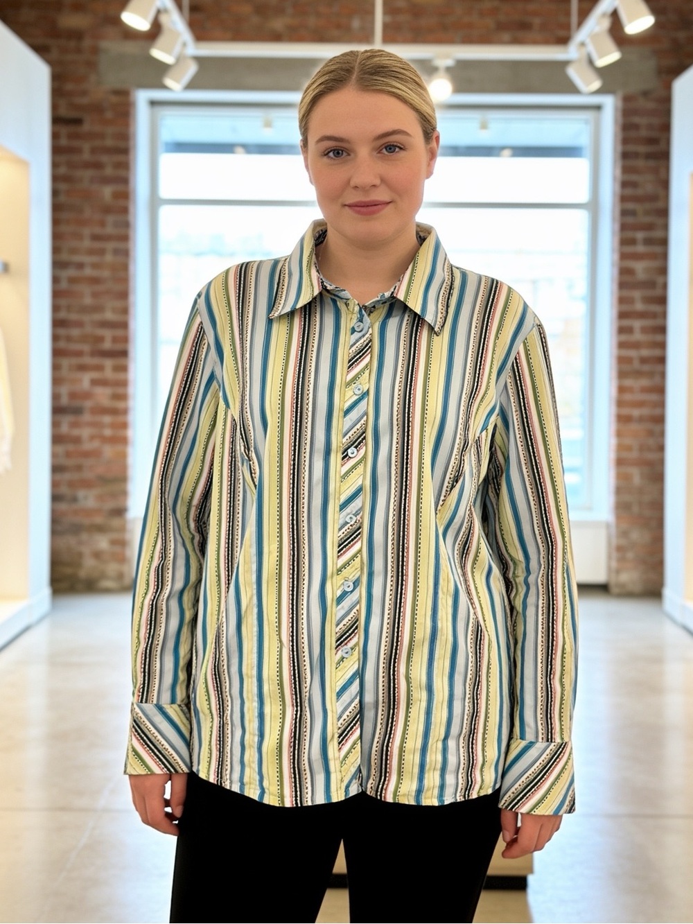 Lane Bryant Blue Green Striped Button Front Career Shirt Size 14/16
